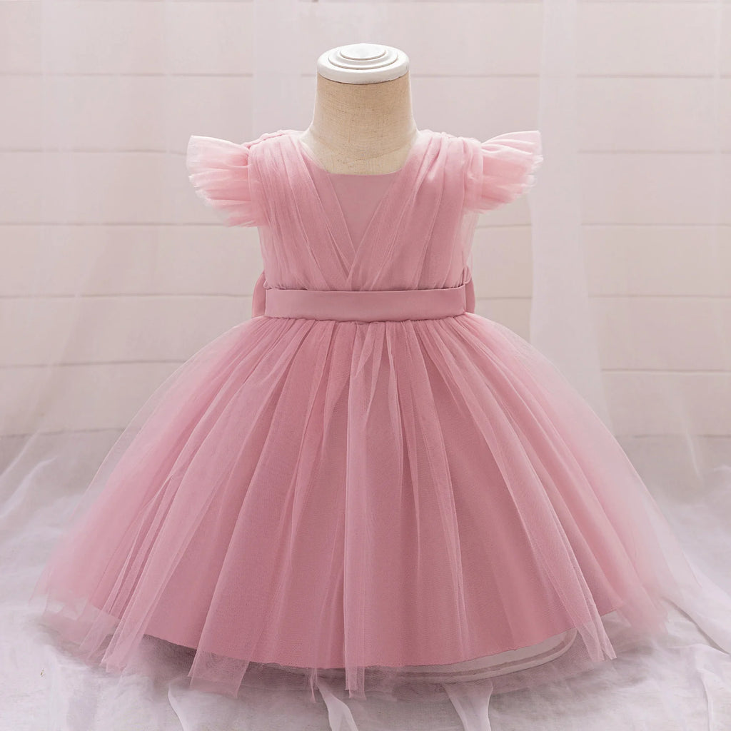 Toddler Bow Girls Party Dress Halloween Prom Gown Girl Fly Sleeves 1st Birthday Wedding Princess Dresses Kids Clothing 1-4 Years
