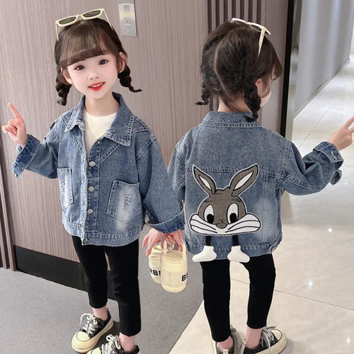 2-7 Years Girls Denim Jackets New Fashion Kids Embroidery Cartoon Rabbit Coat Autumn Children Outerwear Casual Girls Clothes
